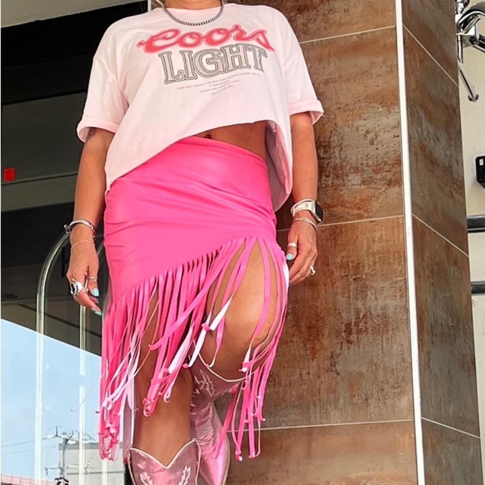 Pink Fringe Hemline Midi Skirt